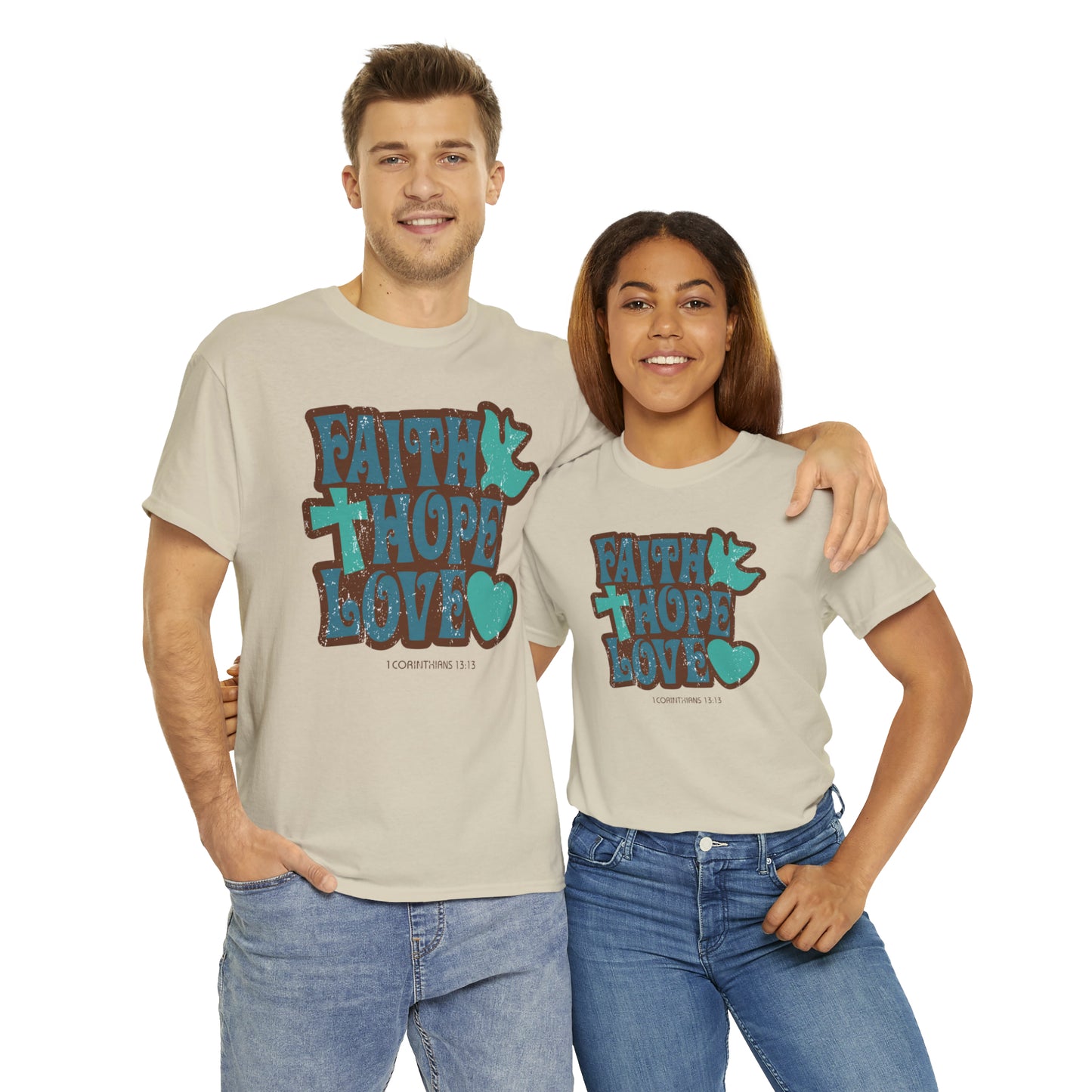 Unique religious t-shirt with faith, hope, and love scripture theme
