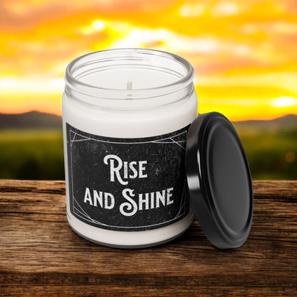 Rise and Shine candle with motivational message and rustic design
