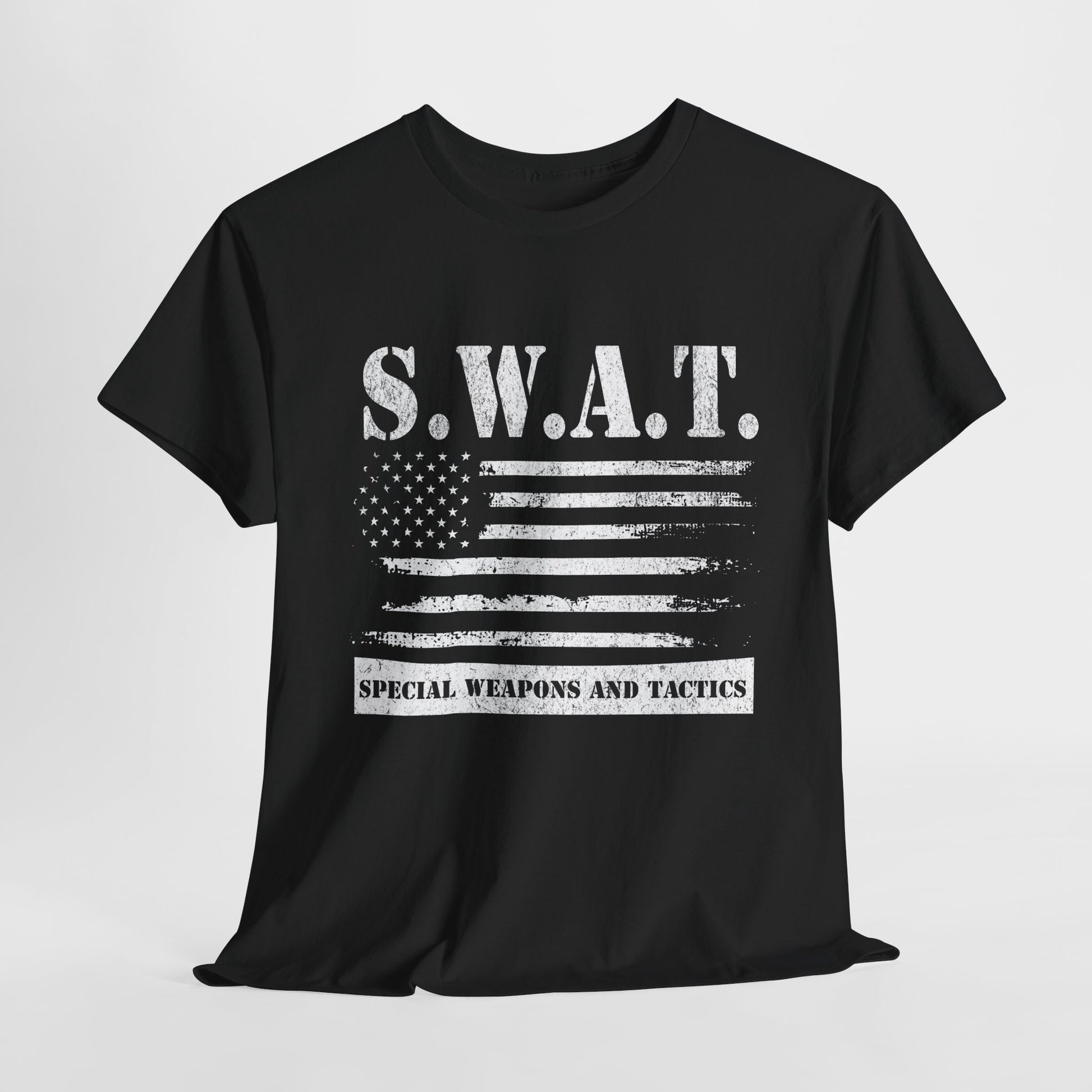 Black SWAT t-shirt with flag and “Special Weapons and Tactics” text
