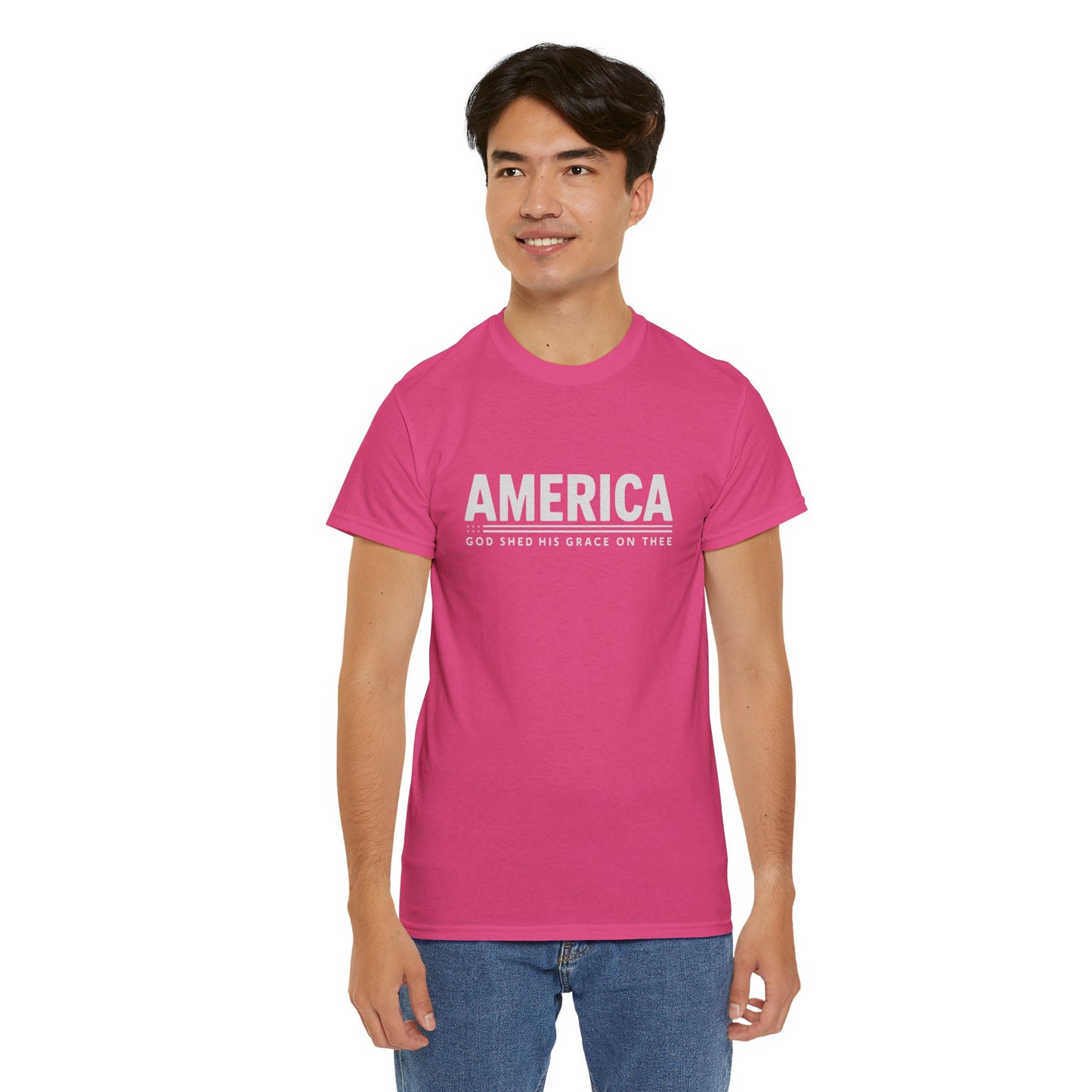 "Patriotic T-Shirt with 'America' and Flag Shapes"