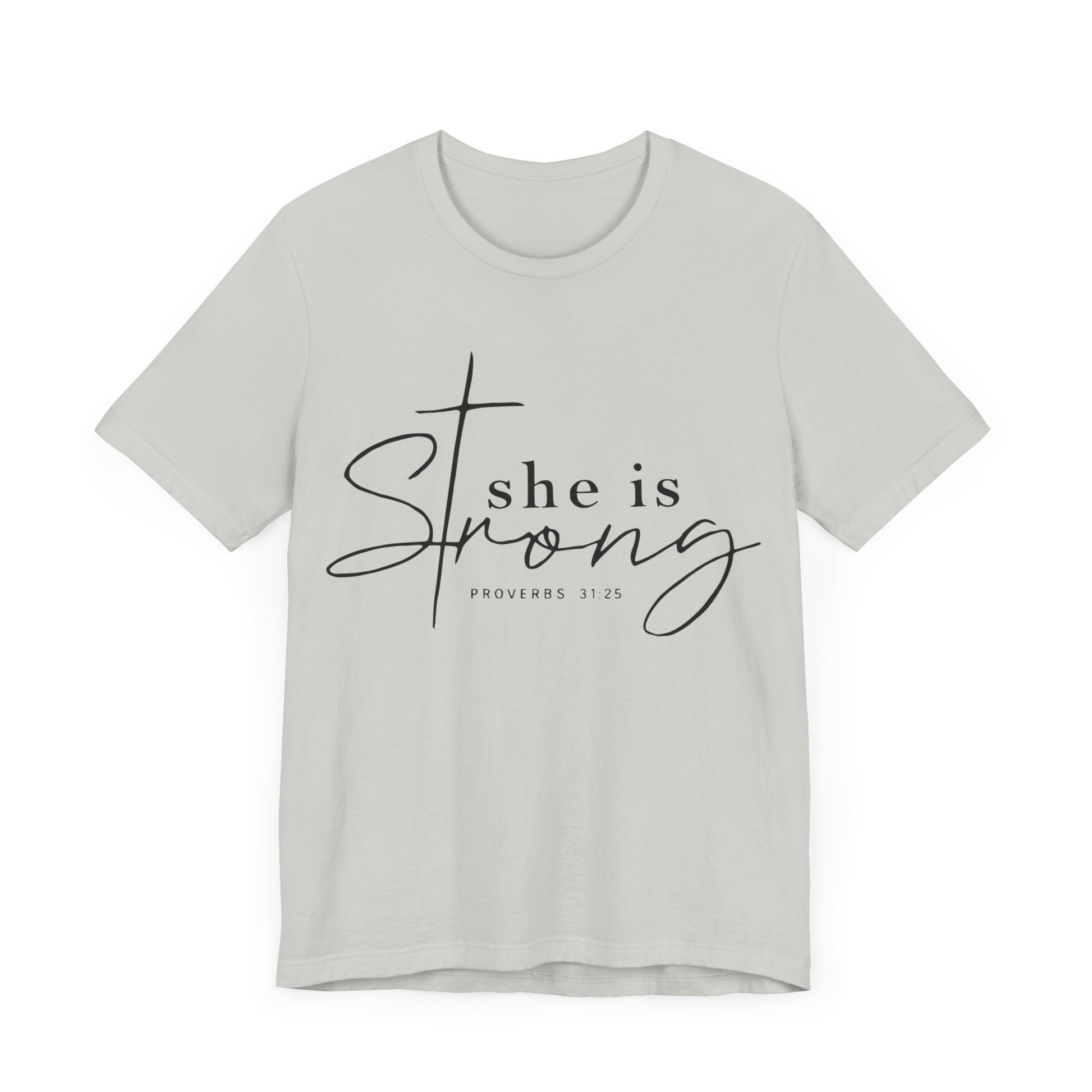 "Ethically Made 'She is Strong' T-Shirt with Biblical Verse"