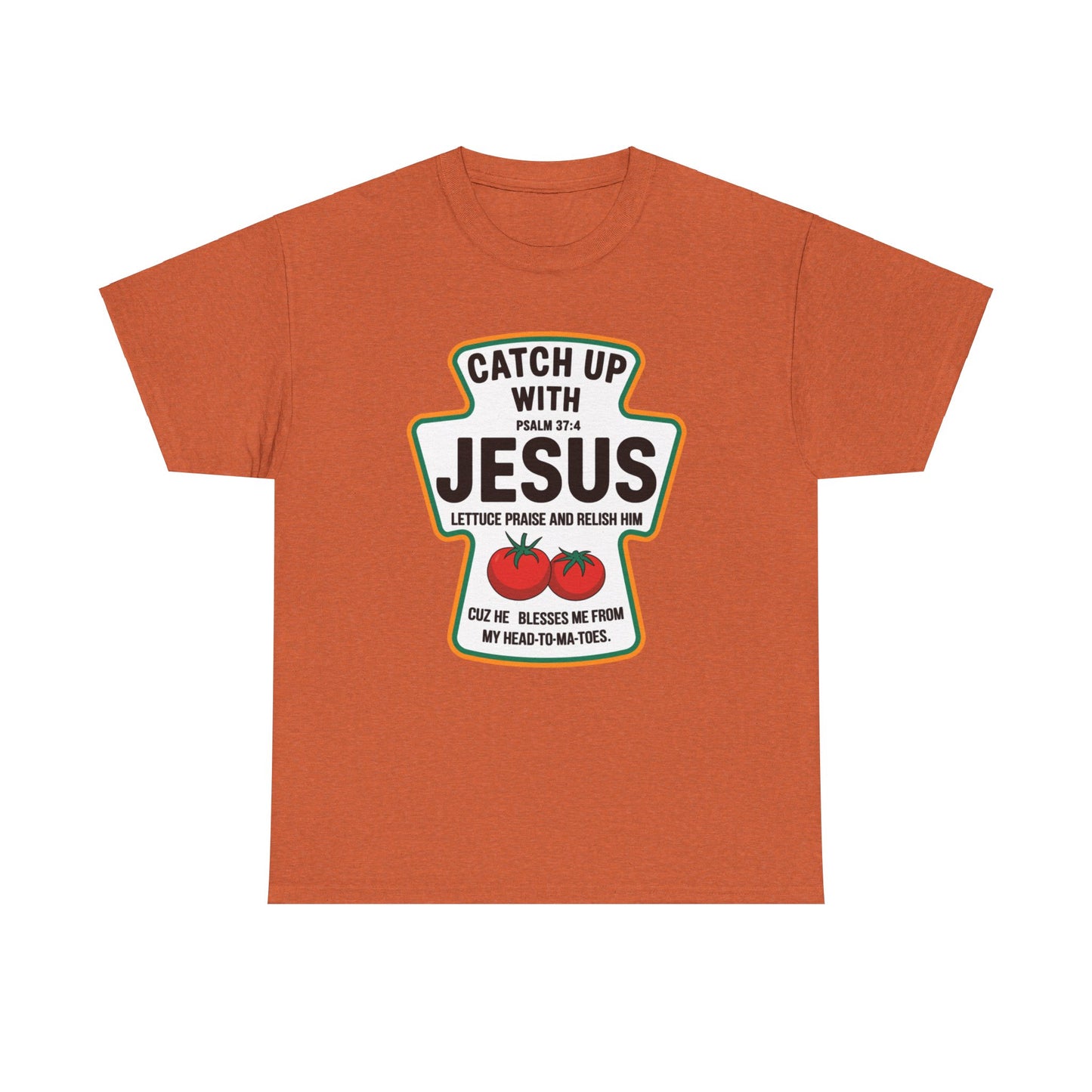 Christian t-shirt with humorous ketchup label style
