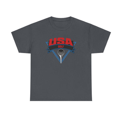 Patriotic USA golf shirt with golf ball on tee
