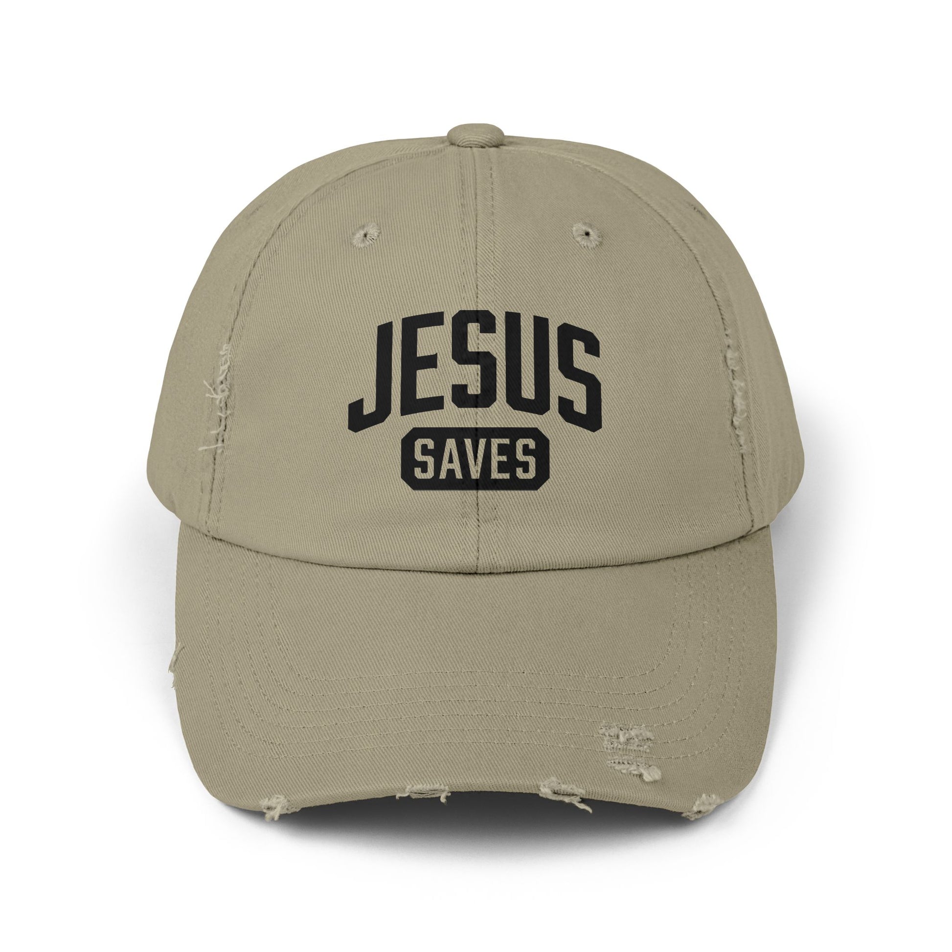 Christian hat in olive green featuring Jesus Saves design.
