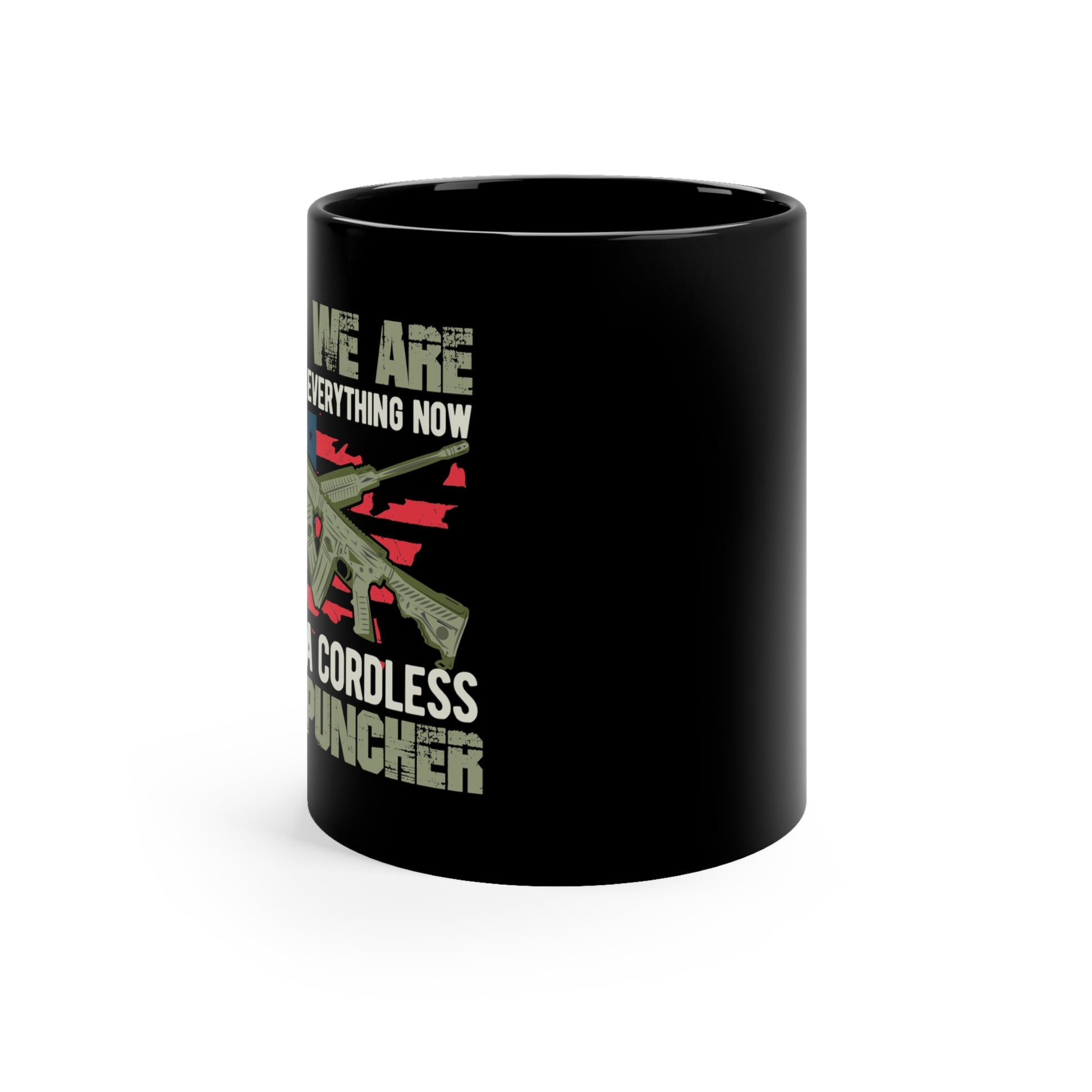 Black ceramic mug with witty gun joke