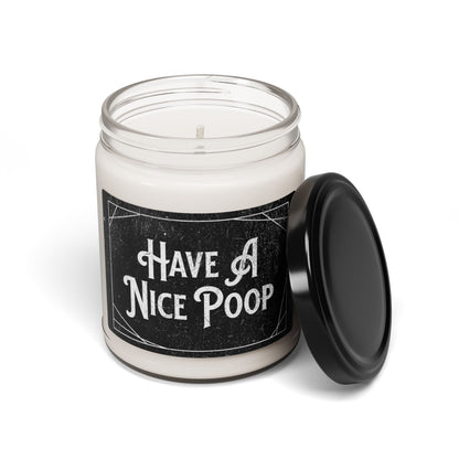 Bathroom decor candle with “Have a Nice Poop” message
