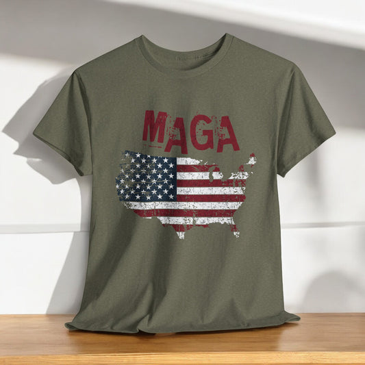 MAGA shirt with distressed lettering and USA flag outline
