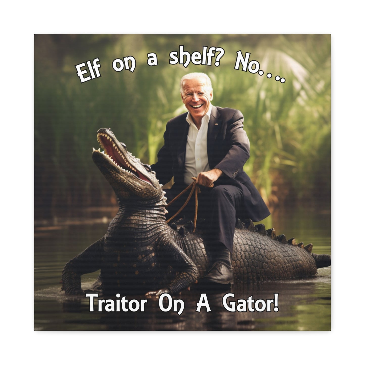 Satirical Elf on a Shelf parody featuring Joe Biden on a gator
