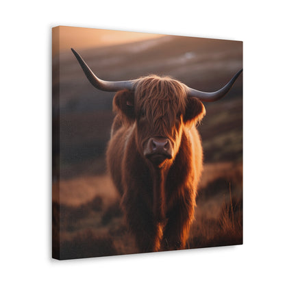 Majestic highland cow wall art with scenic backdrop
