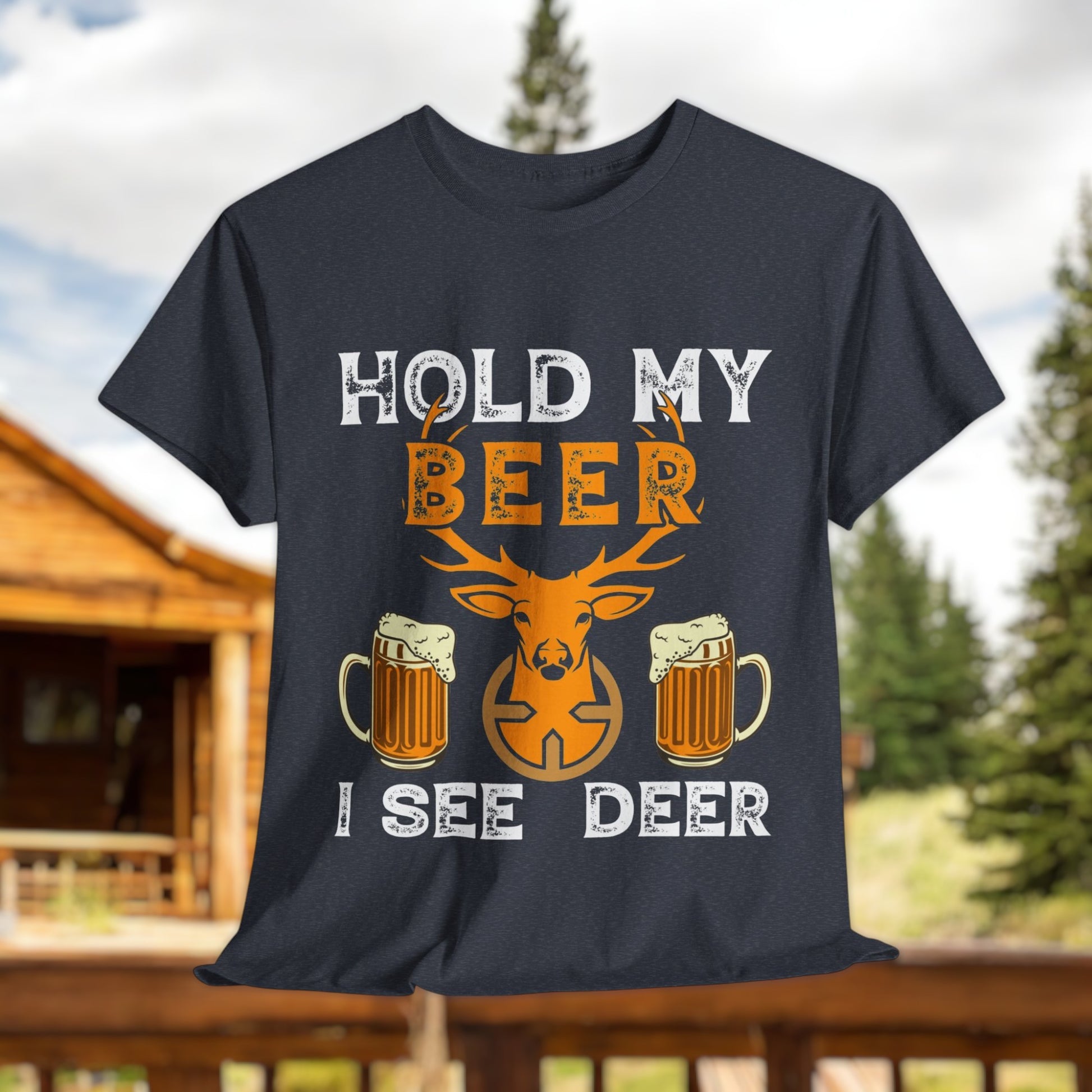 Hold my beer shirt with deer in target and beer mug graphics
