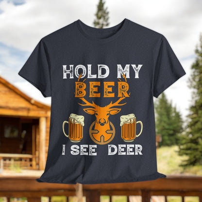 Hold my beer shirt with deer in target and beer mug graphics
