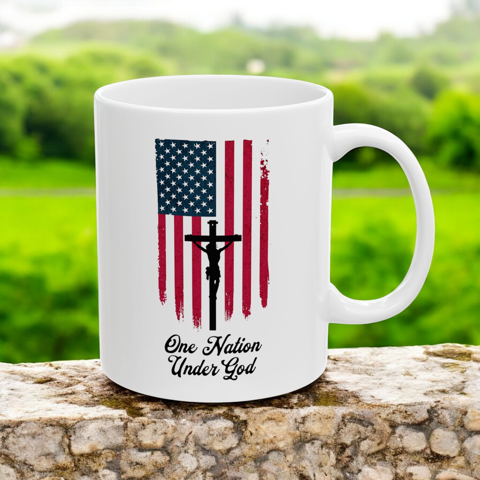 Patriotic mug with "One Nation Under God" and American flag
