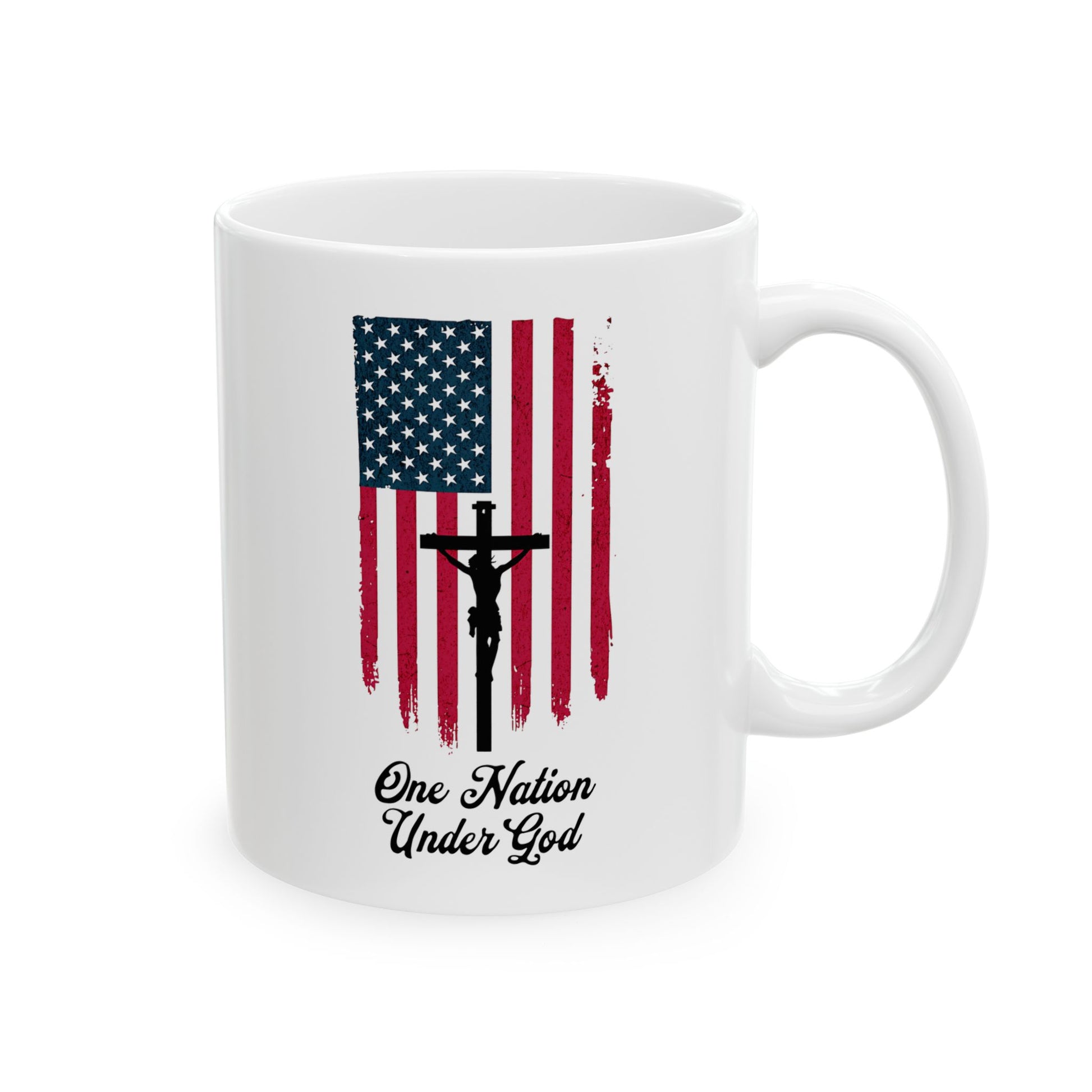 Durable patriotic mug with American flag and cross
