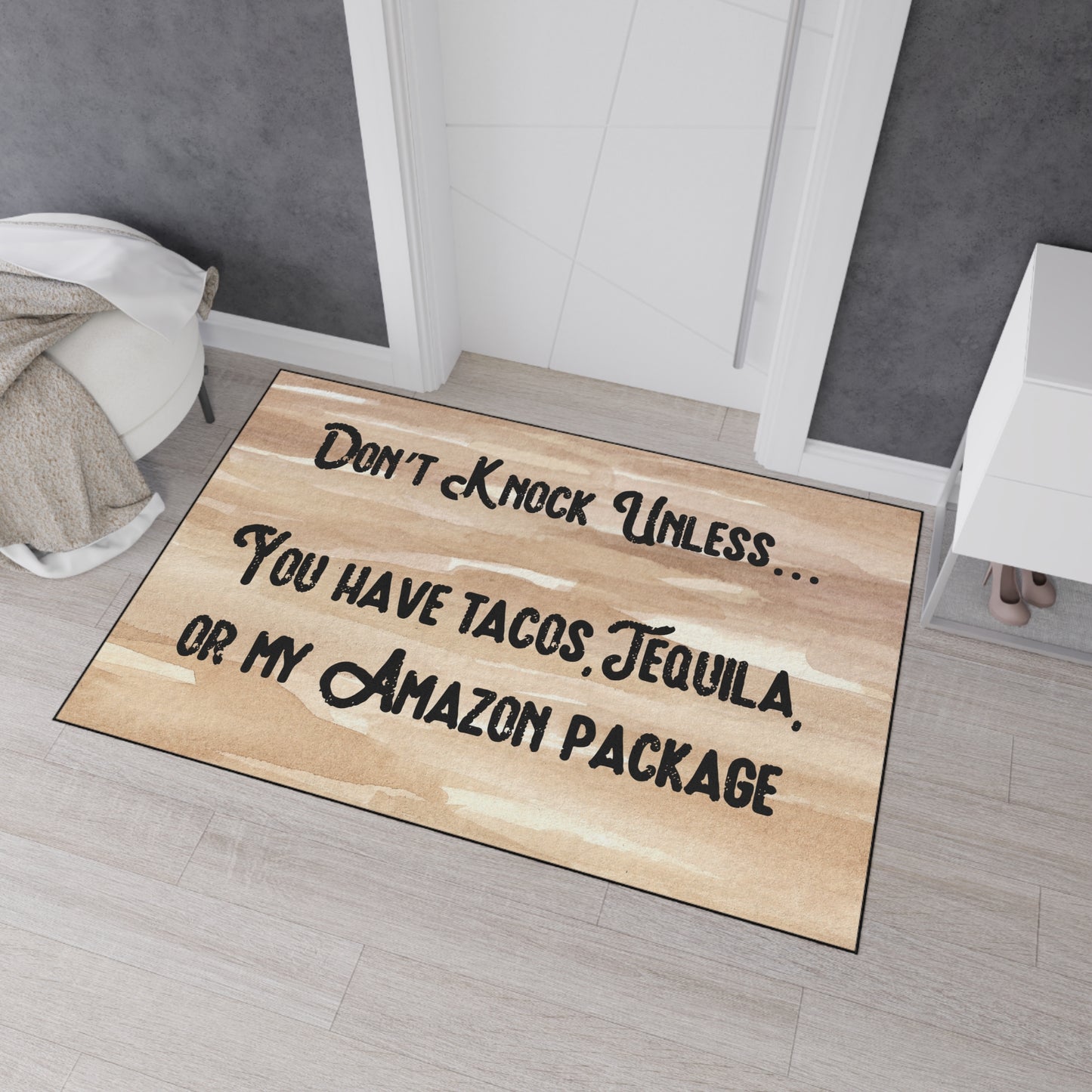 "Taco lover's humorous welcome door mat."