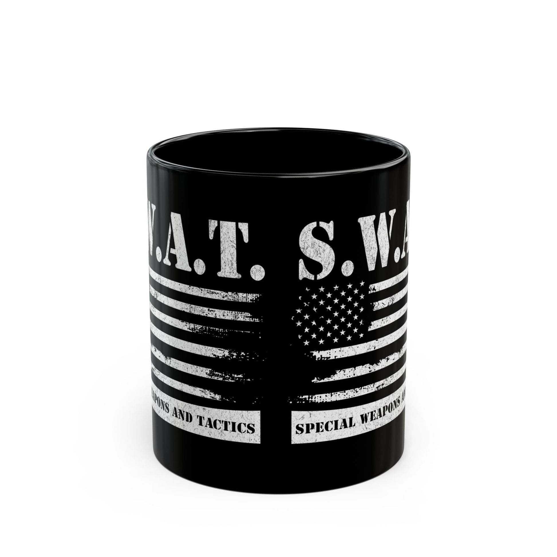 Durable SWAT mug with flag and tactical text
