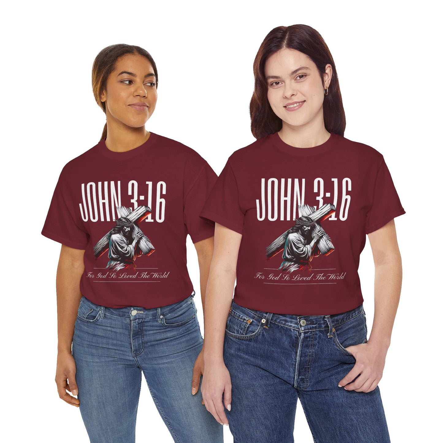 Christian t-shirt featuring John 3:16 scripture and inspirational design
