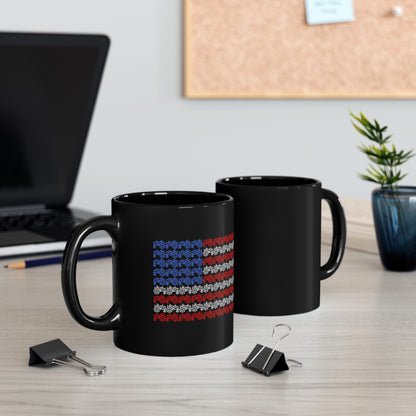 Durable 11oz black ceramic mug featuring American flag made of tractors.