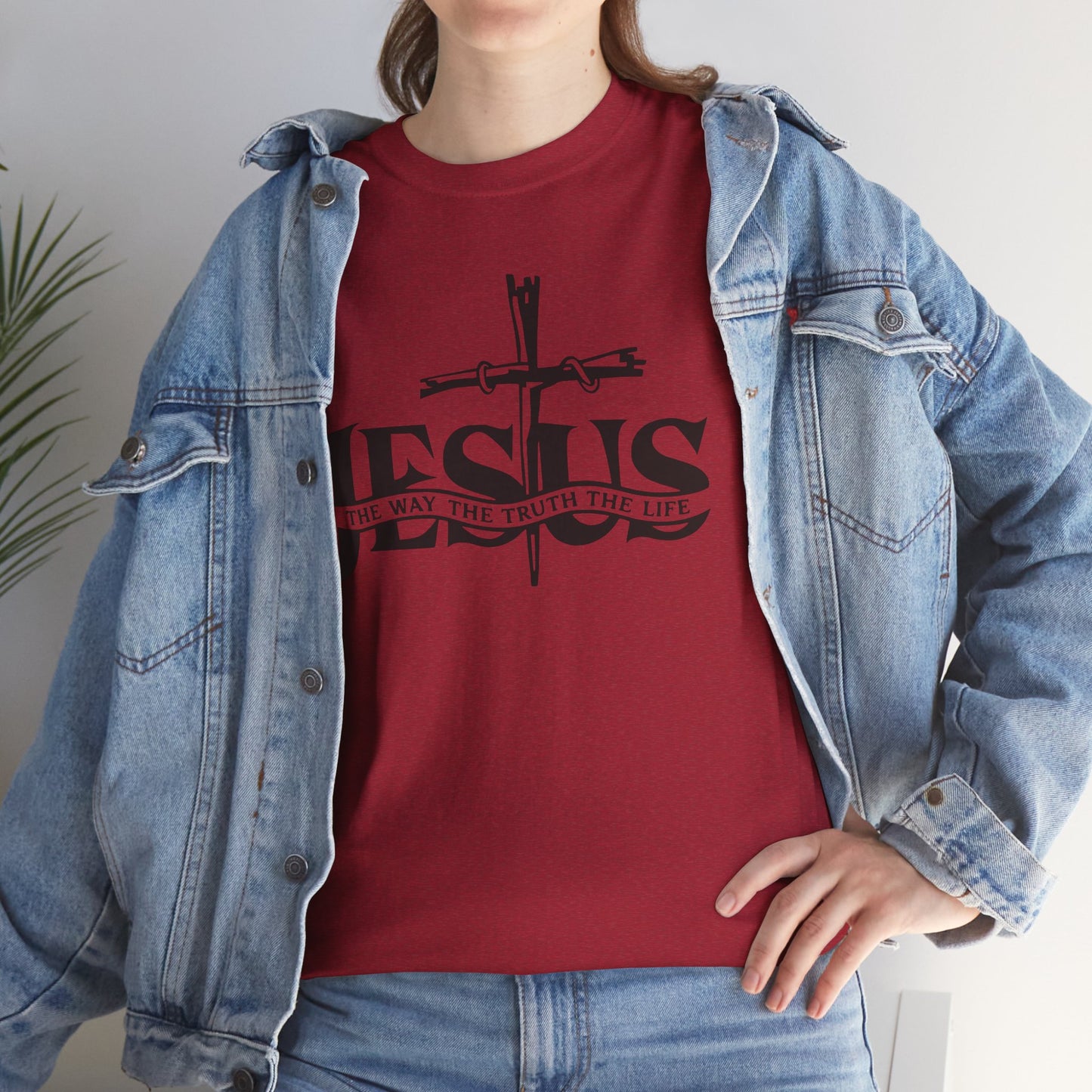 Christian T-shirt with wooden cross and Jesus lettering
