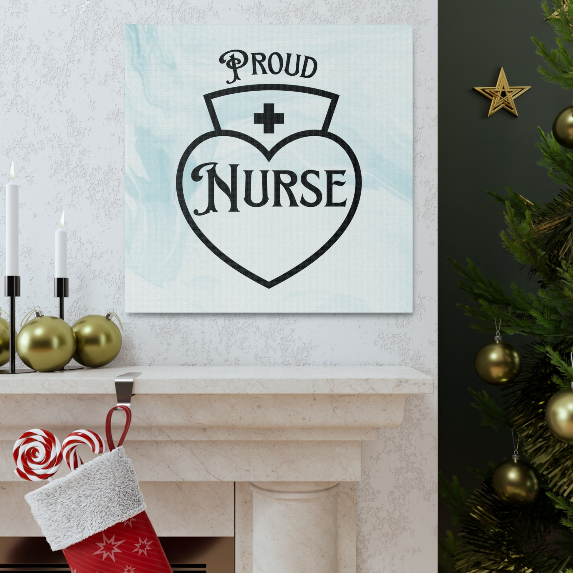 Canvas wall art featuring a nurse hat graphic and proud nurse text
