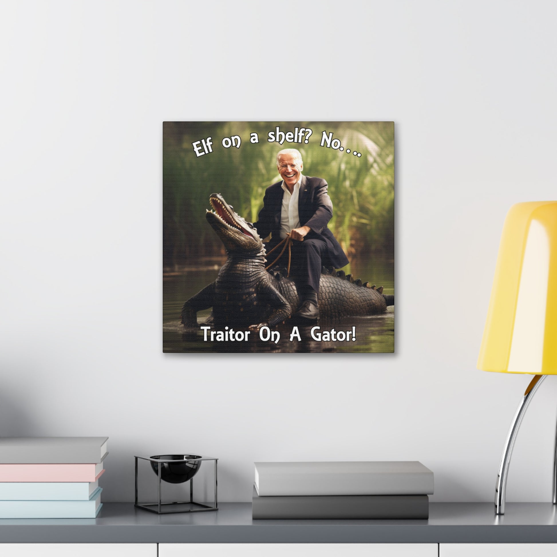 Patriotic home decor with satirical Biden meme: Traitor on a Gator
