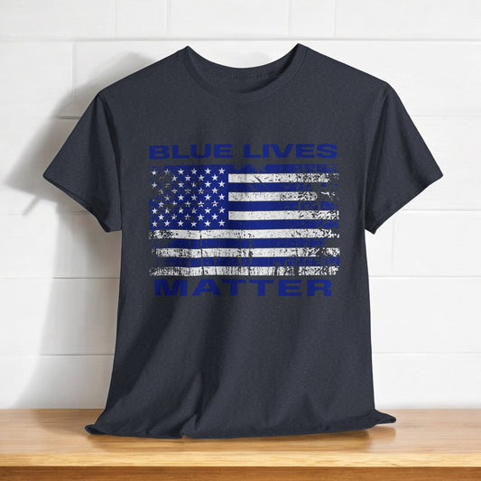 Blue Lives Matter shirt with distressed flag graphic
