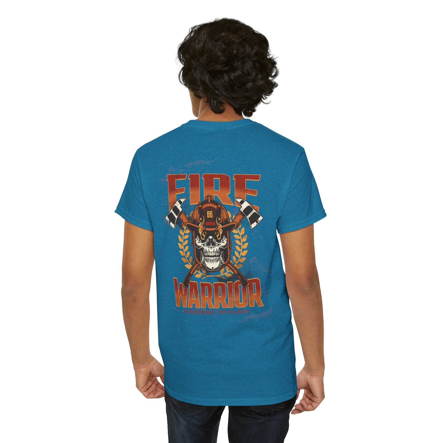 Fire department job shirt with bold firefighter skeleton design
