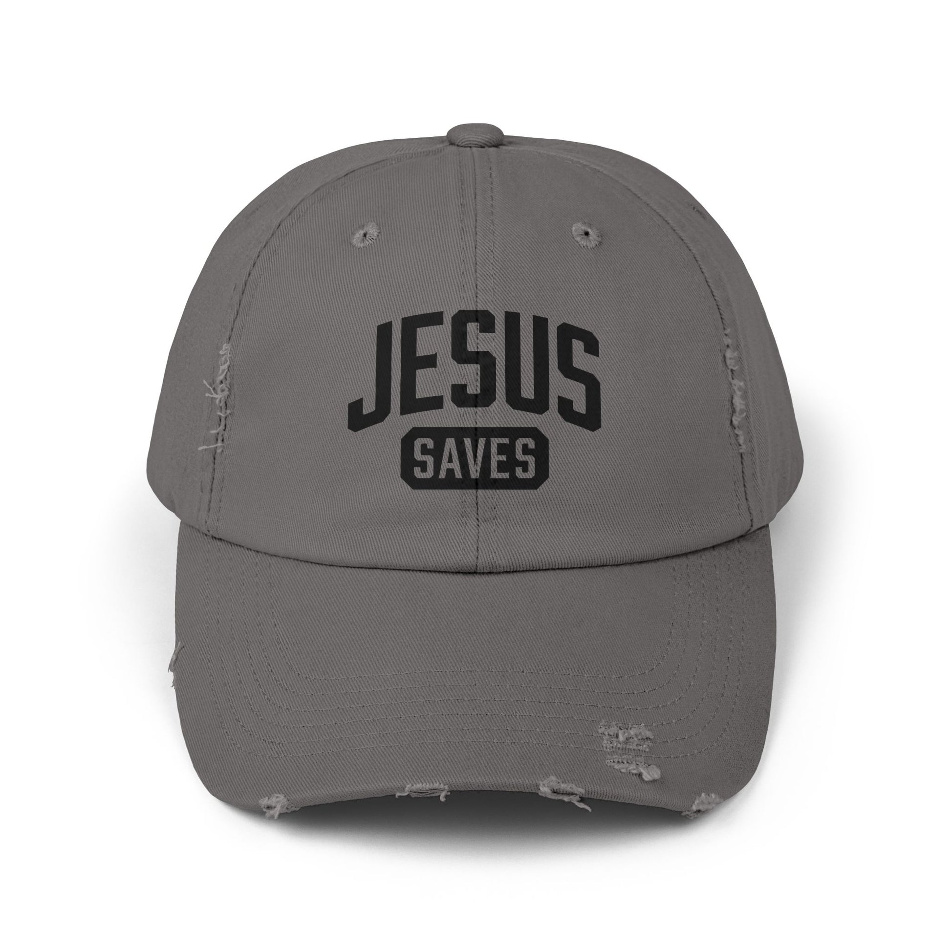 Distressed finish Jesus Saves hat in stone color.
