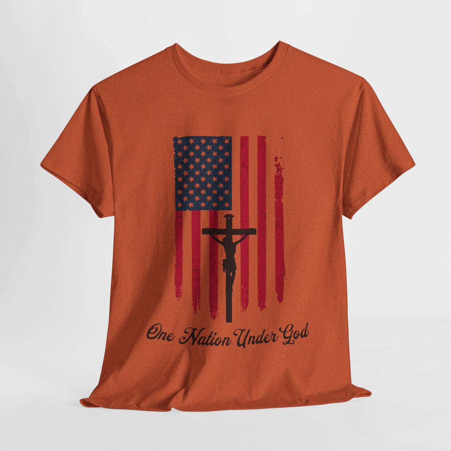 Faith-driven t-shirt with cross and American flag design
