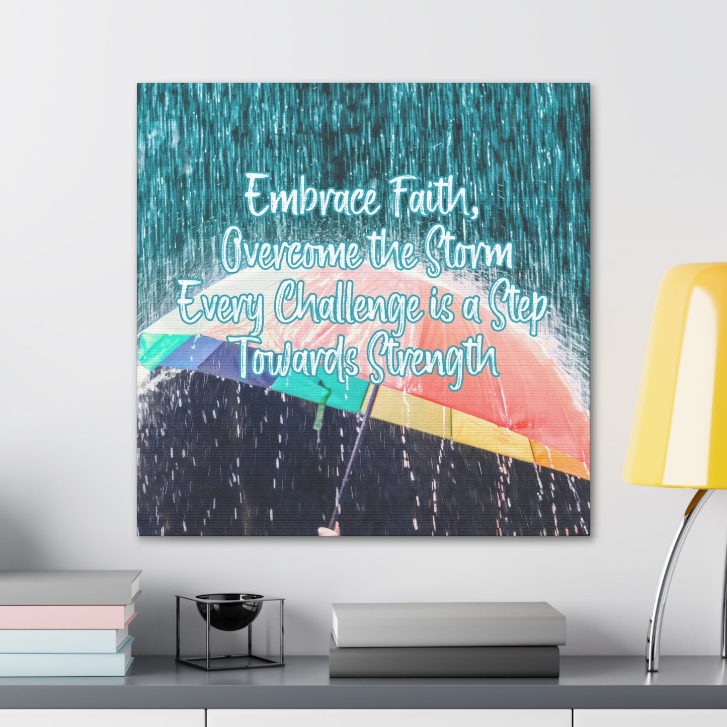 Christian wall decor featuring an umbrella shielding from heavy rain
