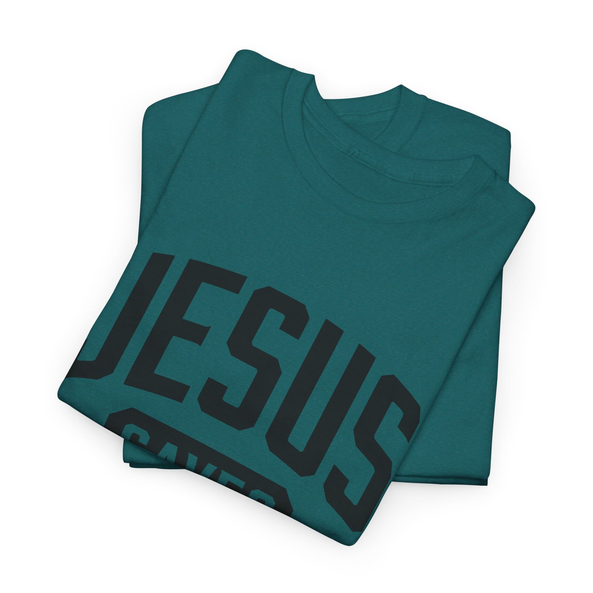 Tear-away label Jesus Saves shirt in antique jade.
