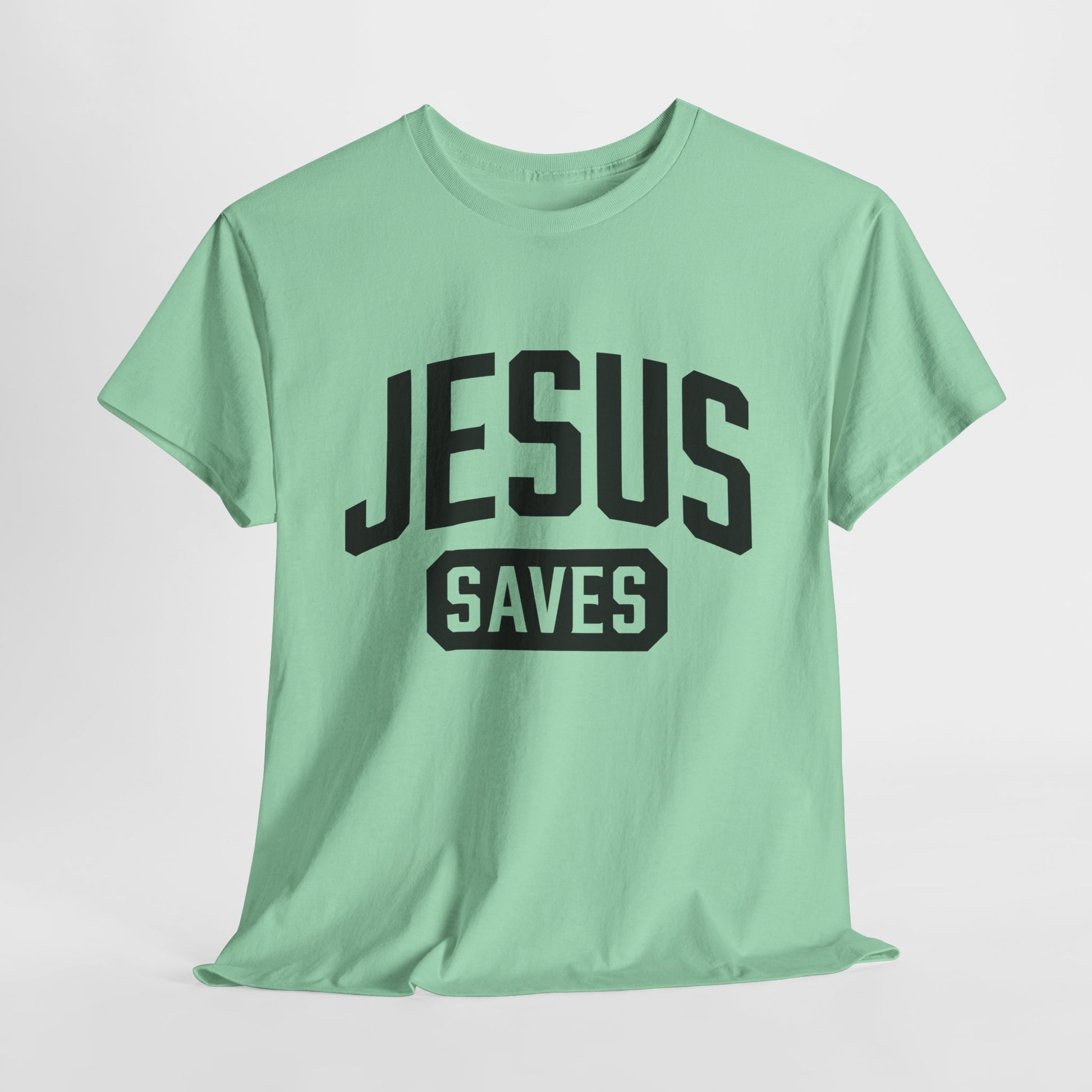 Jesus Saves t-shirt in green with bold lettering.
