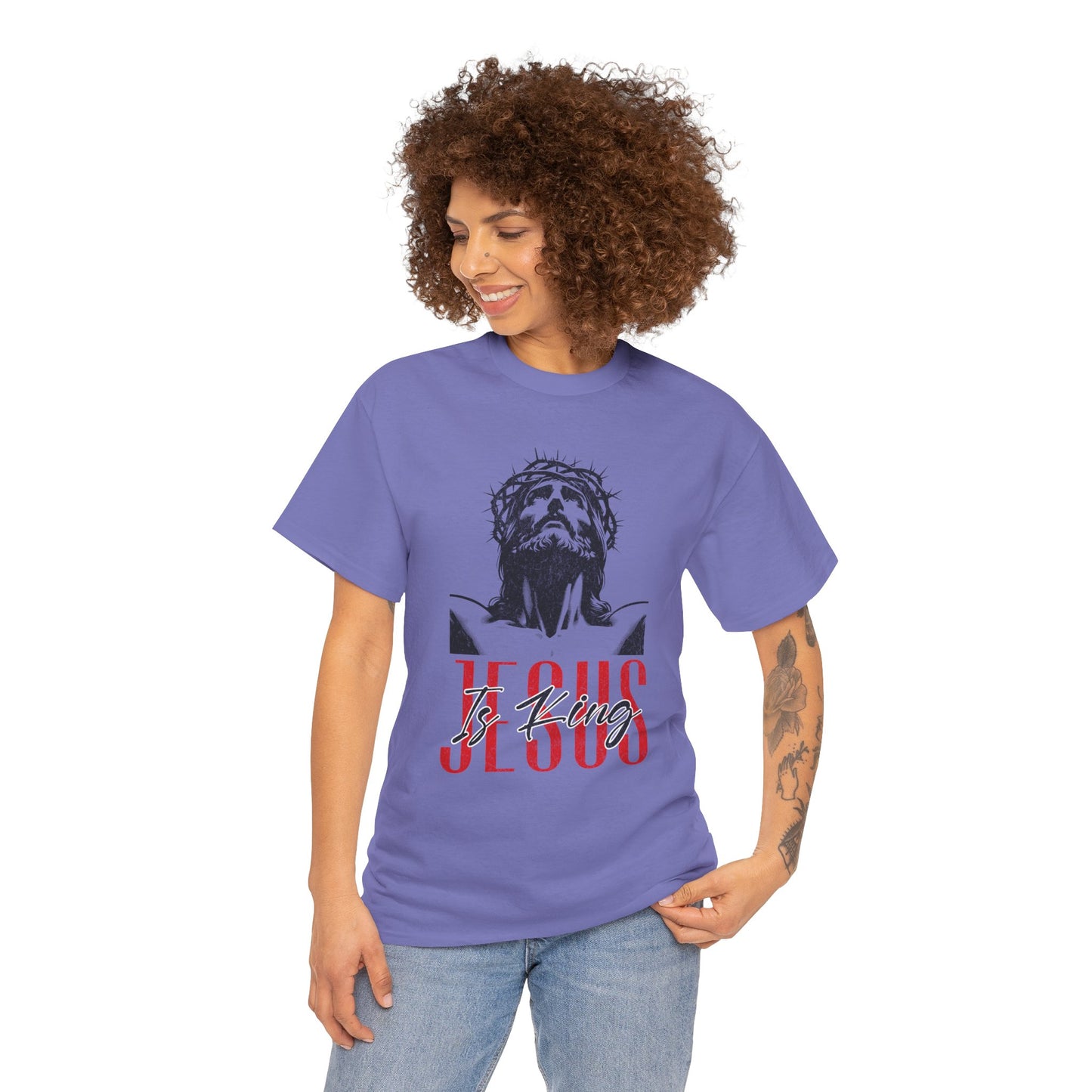 Bold Christian faith shirt featuring "Jesus Is King" text and design
