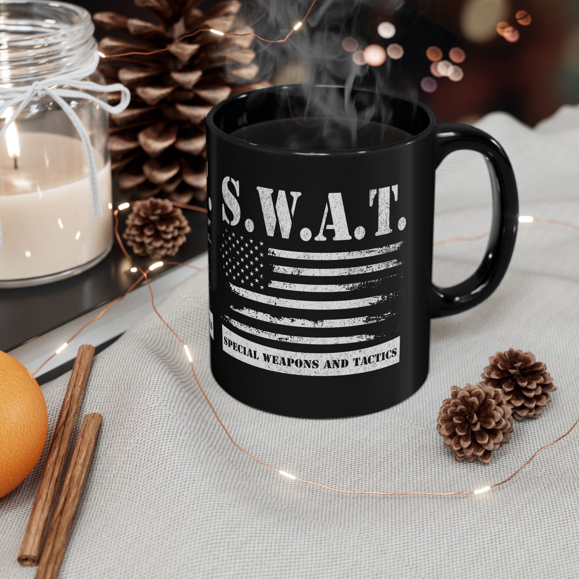 SWAT team mug with bold “S.W.A.T” and flag design
