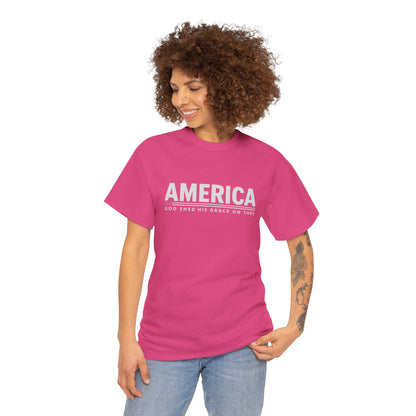 "Unisex Heavy Cotton Tee with American Flag Design"