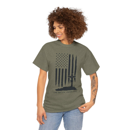 Patriotic Christian tee shirt featuring “One Nation Under God” text.
