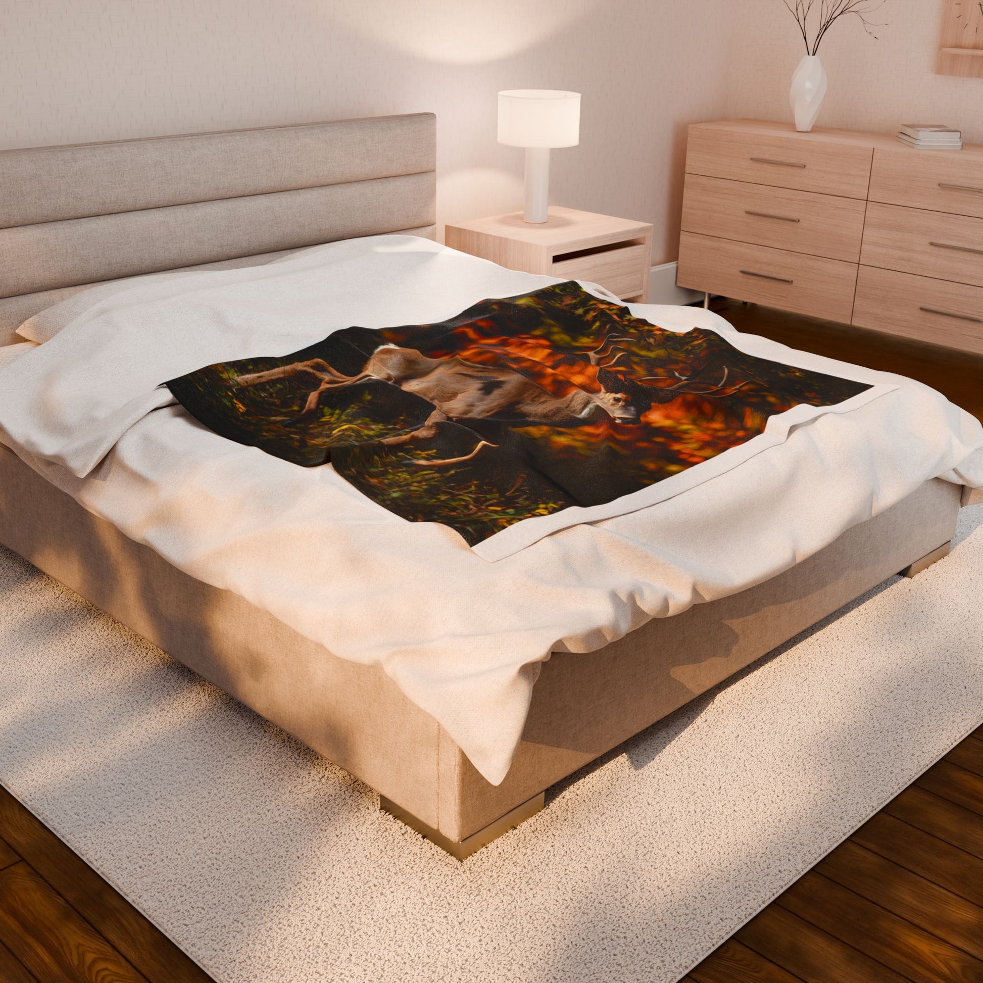 Realistic deer print throw blanket styled in a rustic lodge
