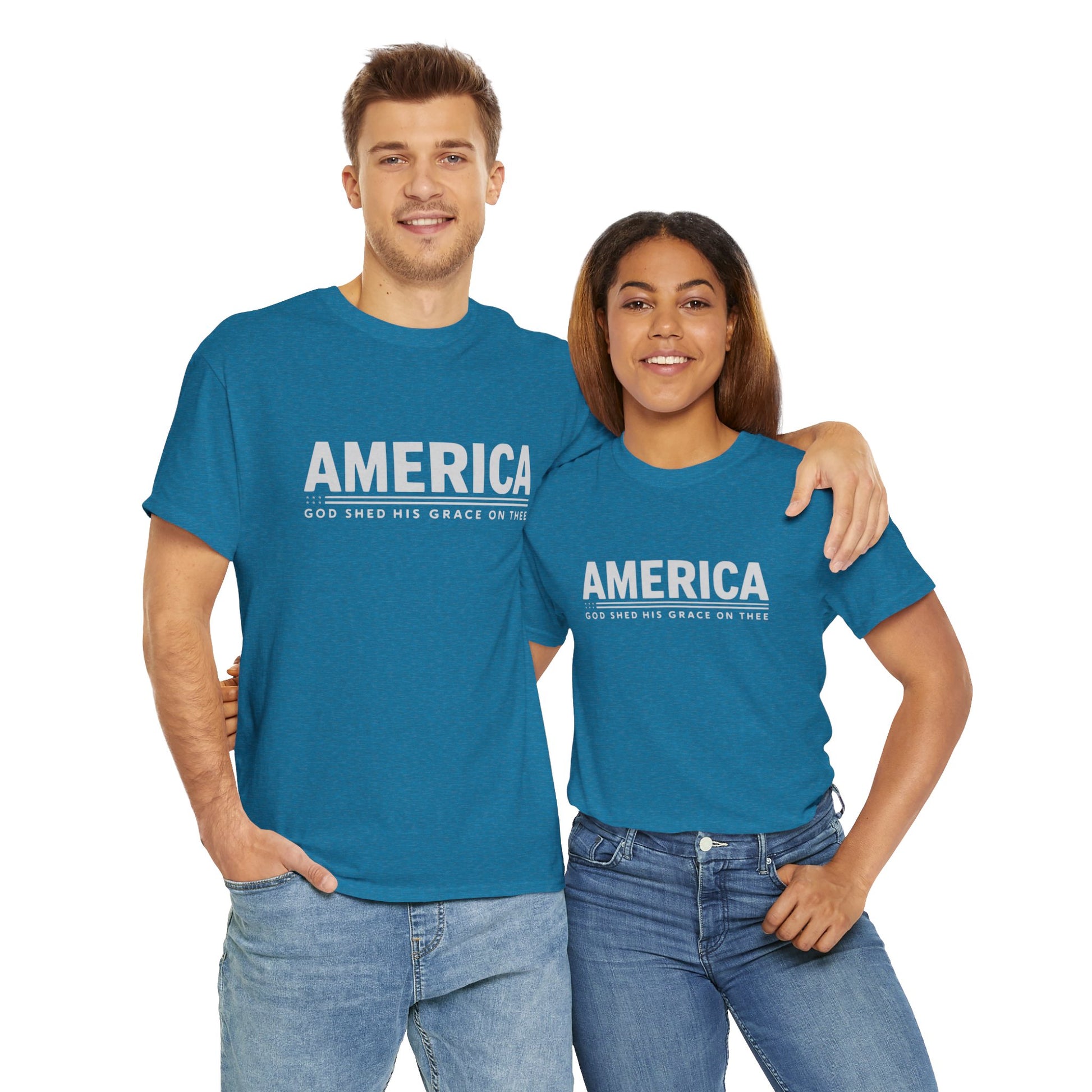 "Patriotic T-Shirt with 'America' and Flag Shapes"