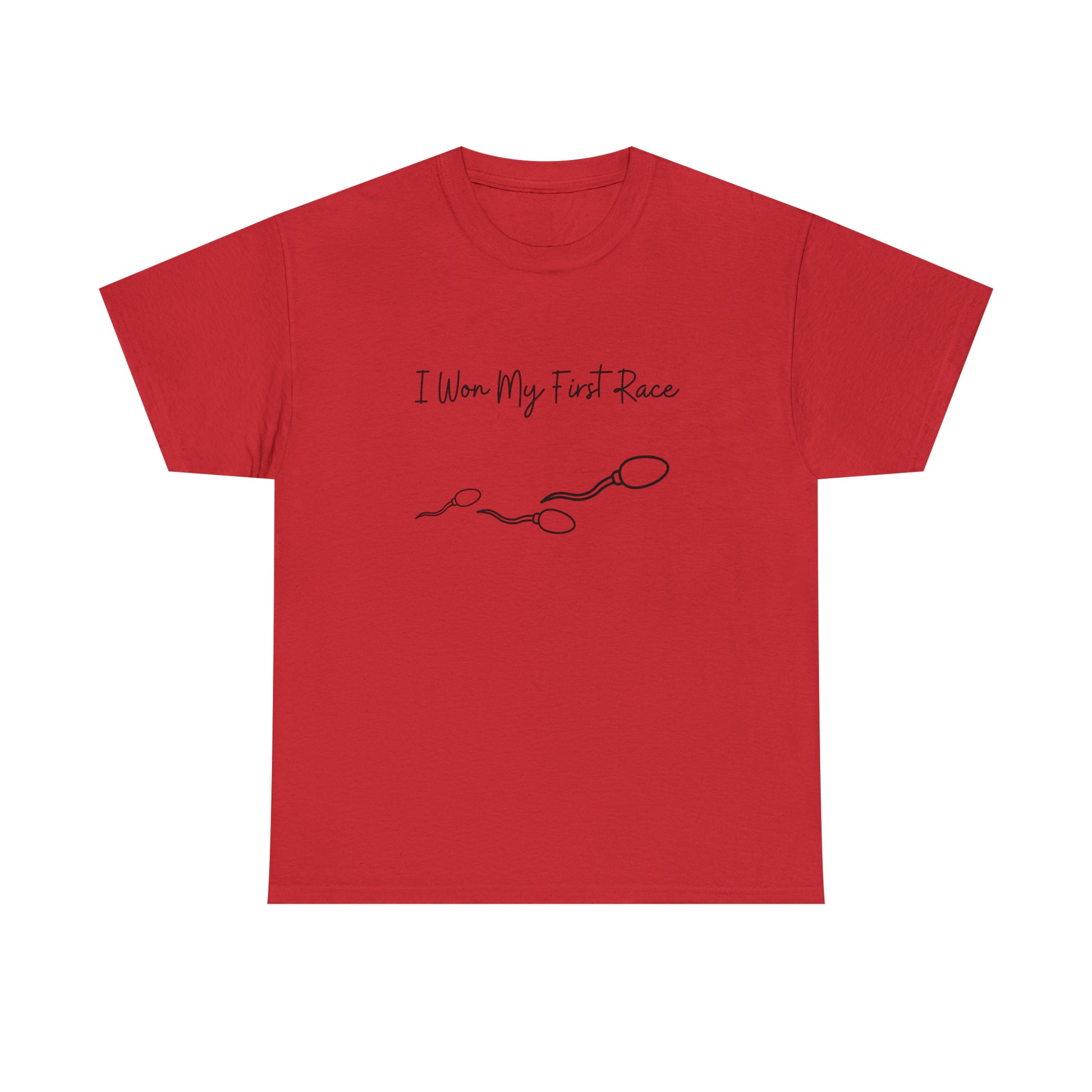 Classic fit t-shirt with a humorous sperm race victory theme.