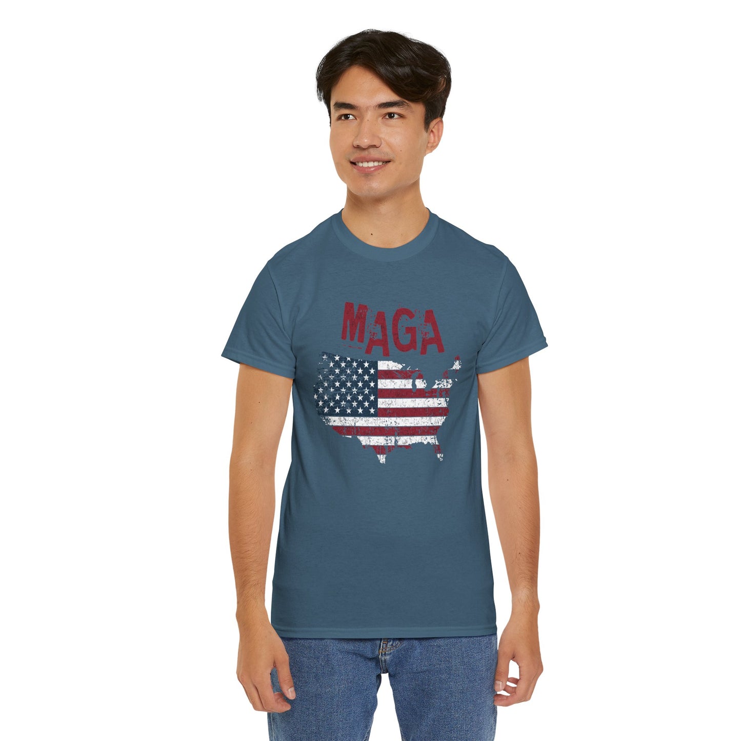 MAGA shirt with bold USA flag graphic and rustic lettering
