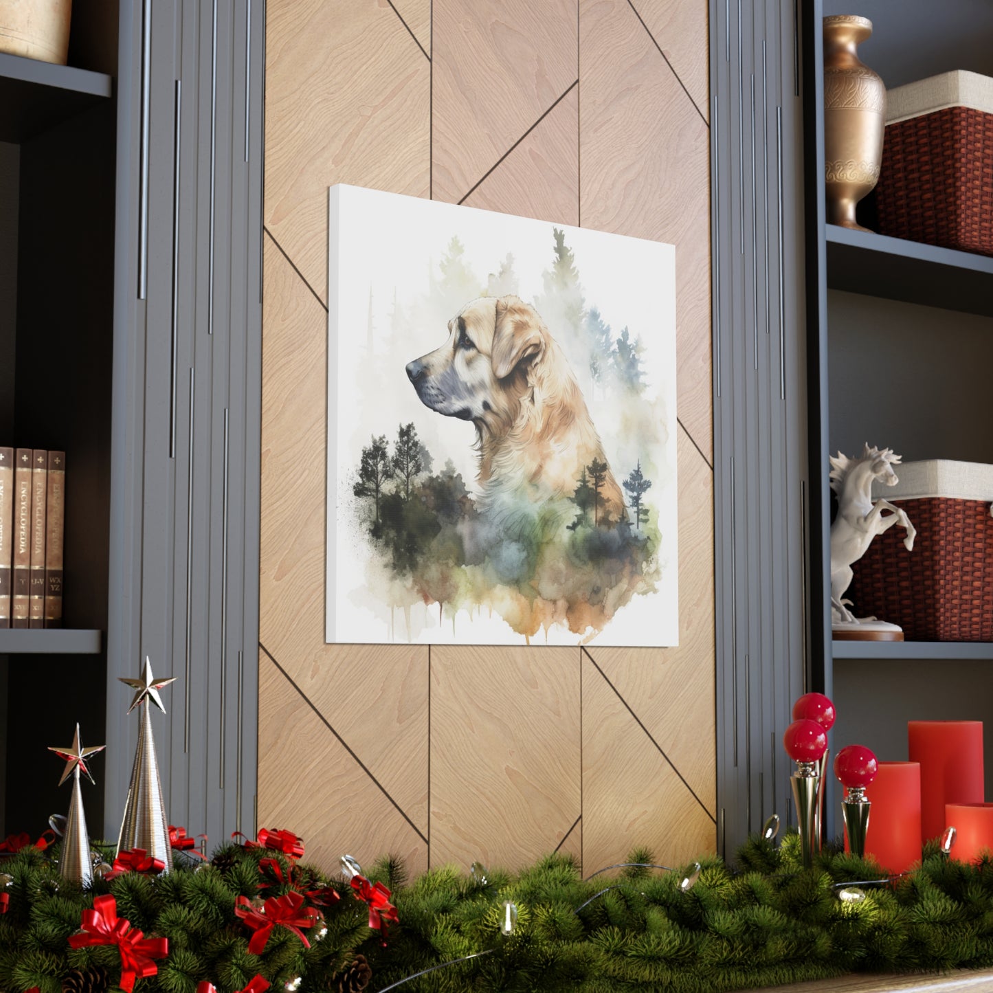 Watercolor dog wall art with forest scene
