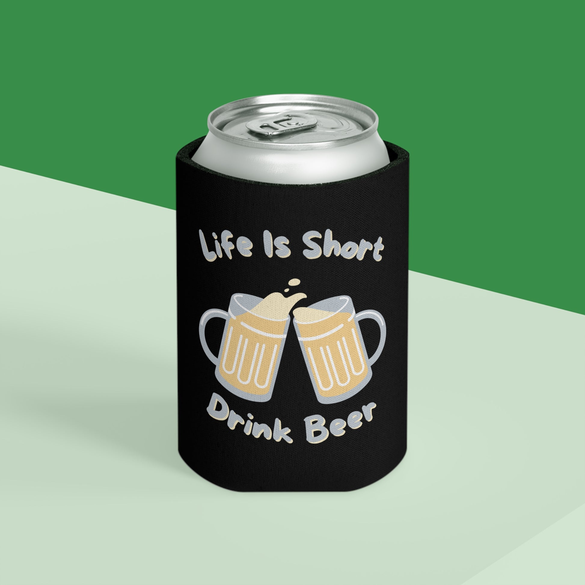 polyester beer can sleeve with bold text design
