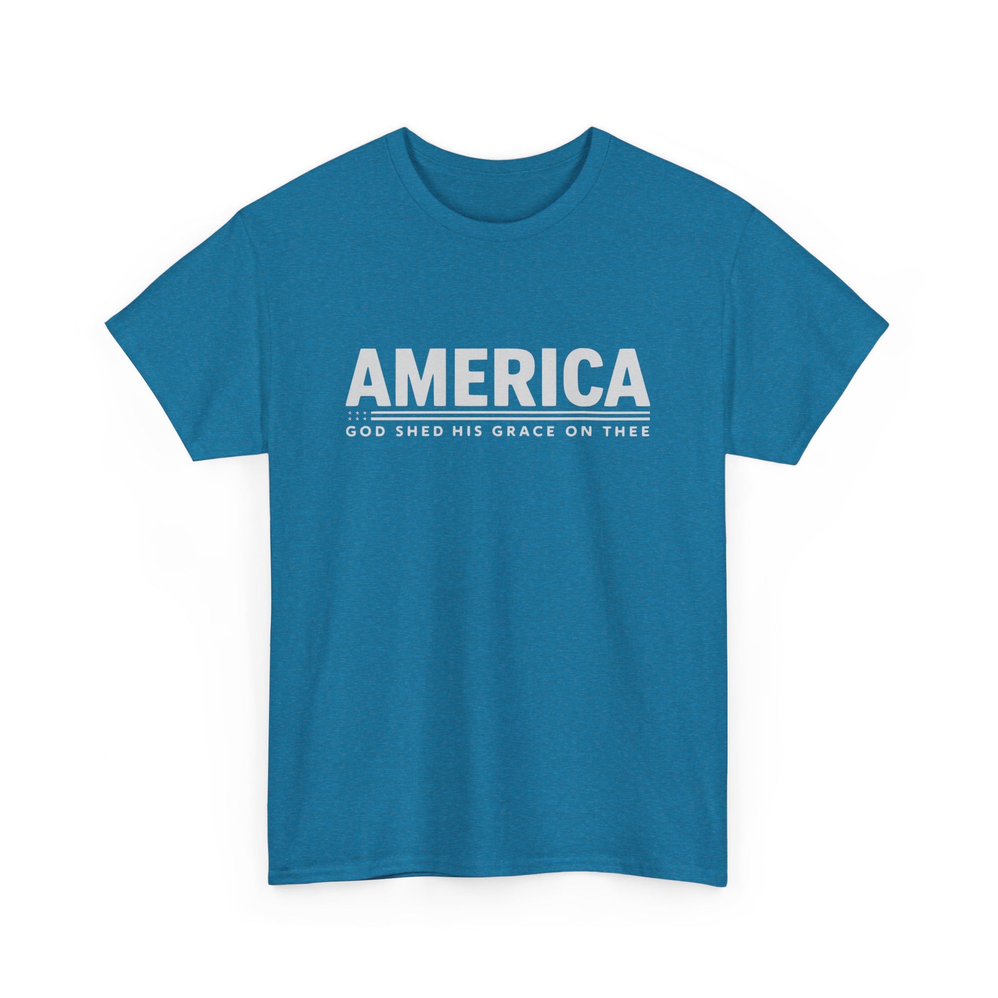 "Patriotic T-Shirt with 'America' and Flag Shapes"