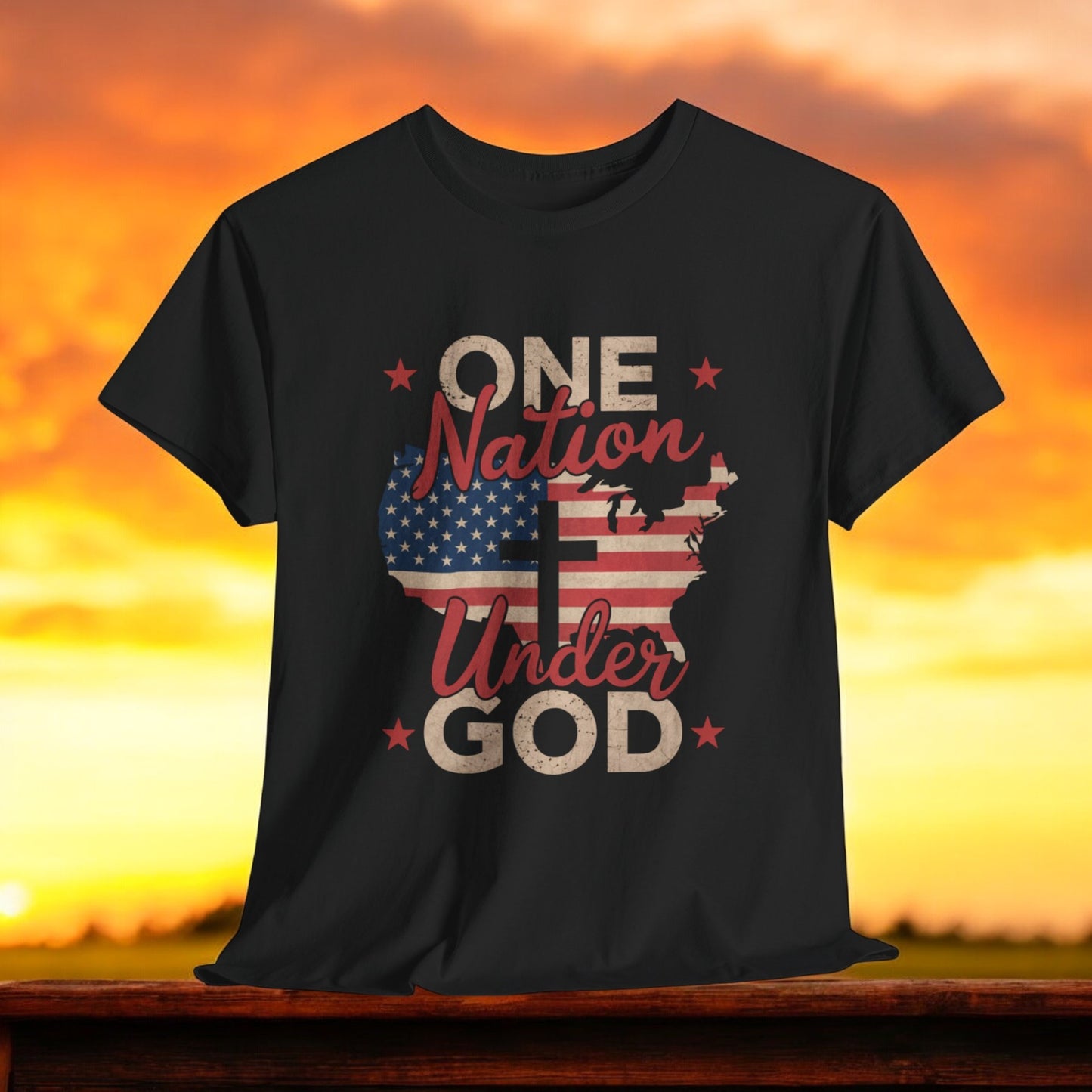 One Nation Under God shirt with USA flag and cross graphic
