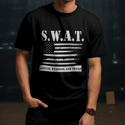 SWAT t-shirt with rustic American flag and tactical text
