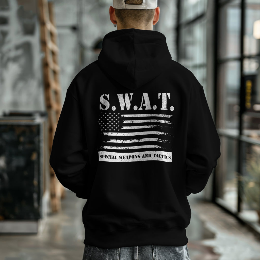 SWAT hoodie with rustic American flag and tactical text
