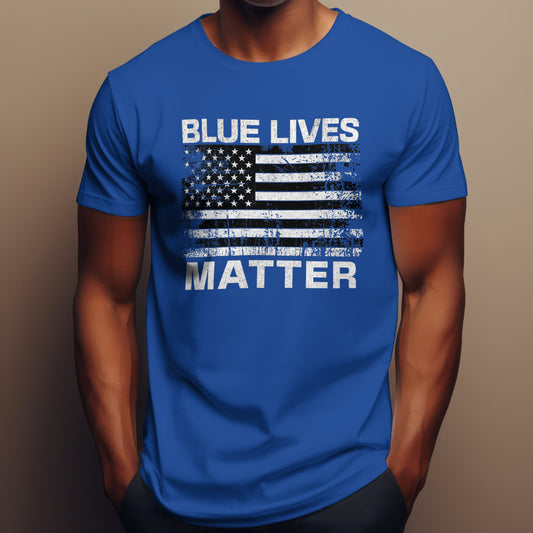 Police support t-shirt with "Blue Lives Matter" and distressed flag
