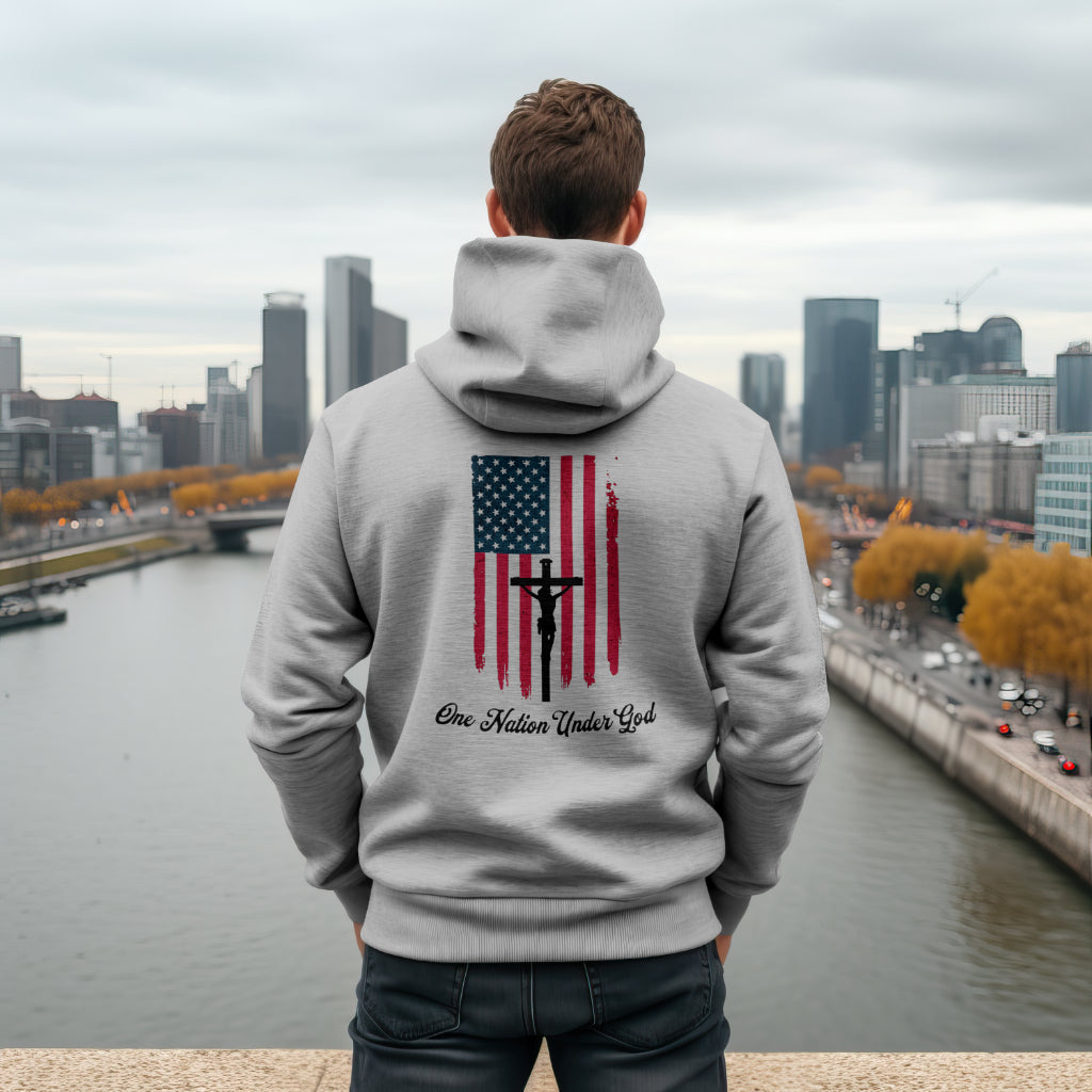 One Nation Under God sweatshirt with American flag and cross design
