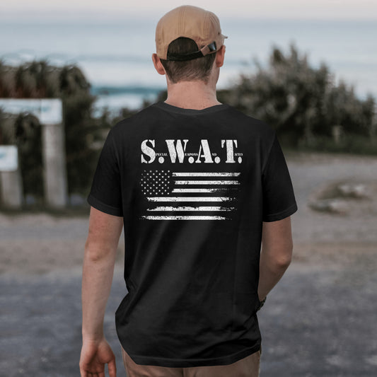 SWAT shirt with bold back print and full meaning text
