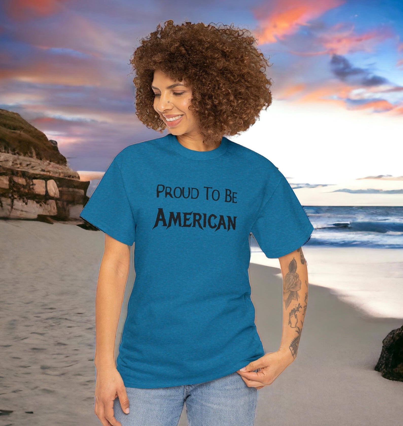 Proud to Be American shirt with bold patriotic text design
