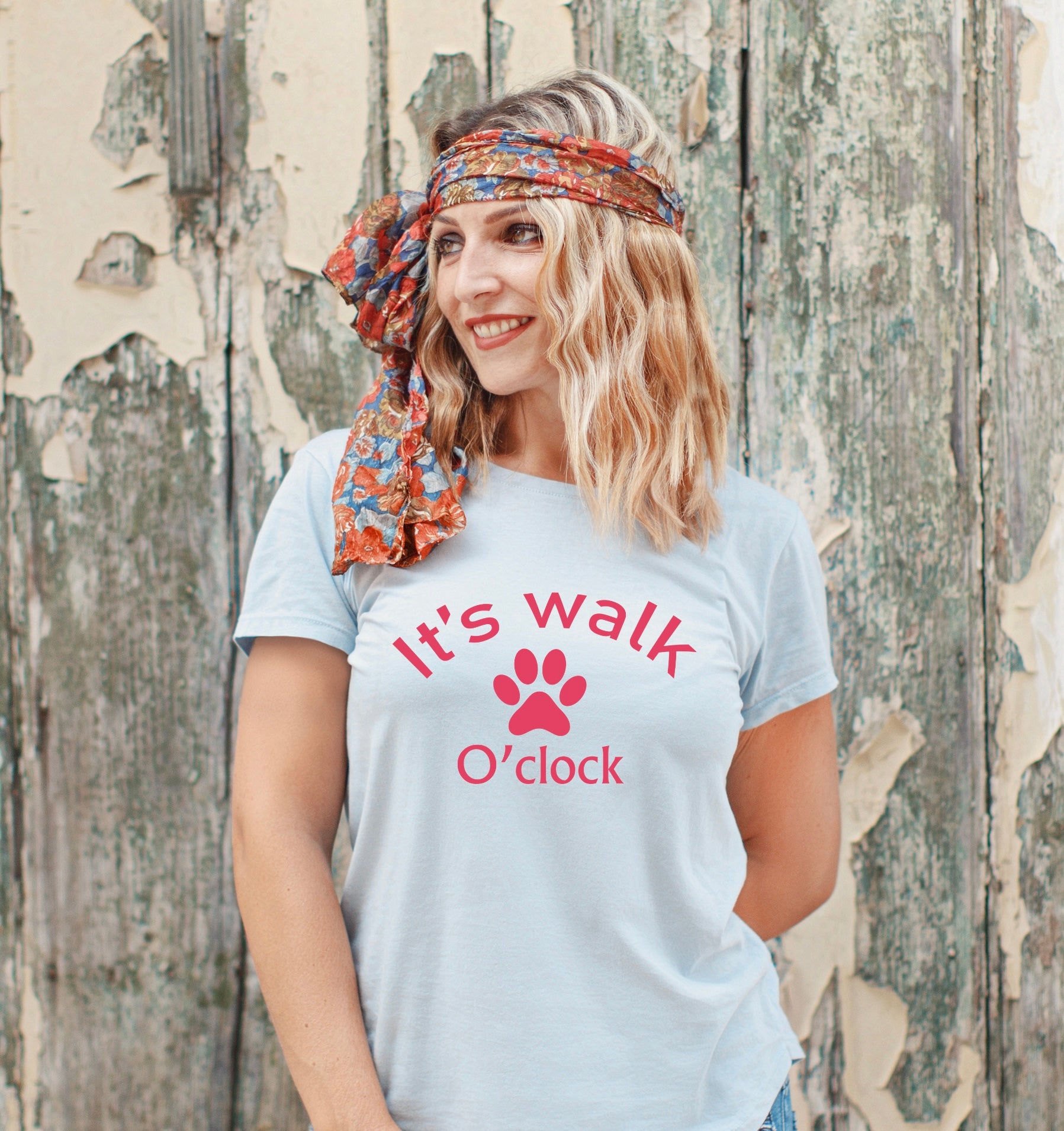 Women’s dog walking shirt with "It’s Walk O’Clock" and paw print.
